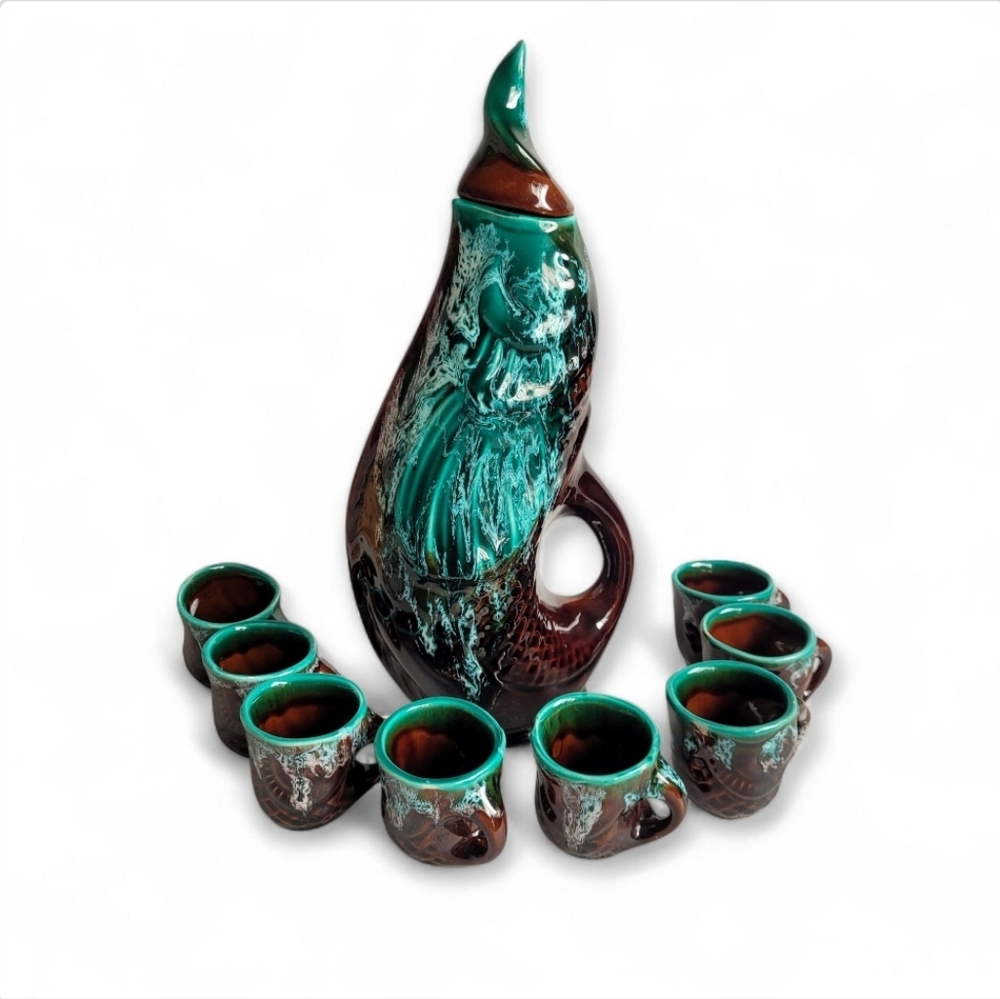 Vintage 60s - 70s Fish Shape Drip Glaze Decanter Set 8 Cups Turquoise Brown